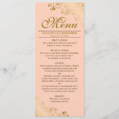Elegante gouden franjes op koraal perzik bruiloft menu (Voorkant)