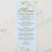 Elegante gouden franjes op licht poeder blauwe bru menu (Voorkant)