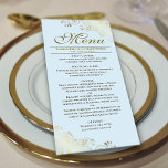 Elegante gouden franjes op licht poeder blauwe bru menu<br><div class="desc">Dit prachtige menu zal wat stijl toevoegen aan uw huwelijksreceptie. Het beschikt over een prachtig ontwerp met gouden faux folie krullen en wervelingen op een bleke poederblauw gekleurde achtergrond. Er is ruimte voor de namen van het paar en de trouwdatum, en de tekst is volledig aanpasbaar. Dit stijlvolle, stijlvolle en...</div>