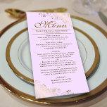 Elegante gouden franjes op Lila Paarse bruiloft Menu<br><div class="desc">Dit prachtige menu zal wat stijl toevoegen aan uw huwelijksreceptie. Het beschikt over een prachtig ontwerp met gouden faux folie krullen en wervelingen op een bleke lila paarse gekleurde achtergrond. Er is ruimte voor de namen van het paar en de trouwdatum, en de tekst is volledig aanpasbaar. Dit stijlvolle, stijlvolle...</div>