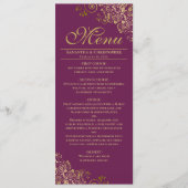 Elegante gouden franjes op magenta pruim bruiloft menu (Voorkant)