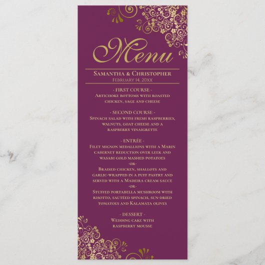 Elegante gouden franjes op magenta pruim bruiloft menu (Voorkant)