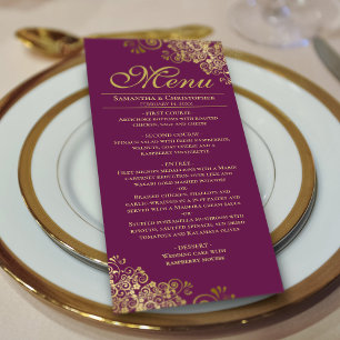 Elegante gouden franjes op magenta pruim bruiloft menu