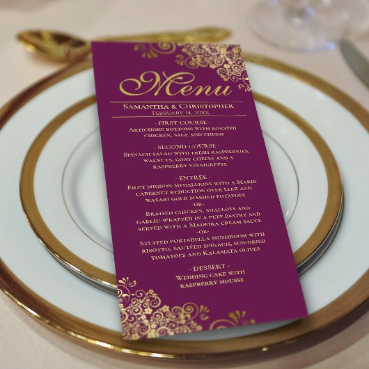 Elegante gouden franjes op magenta pruim bruiloft menu