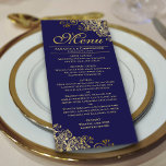 Elegante gouden franjes op marineblauwe bruiloft menu<br><div class="desc">Dit prachtige menu zal wat stijl toevoegen aan uw huwelijksreceptie. Het beschikt over een prachtig ontwerp met gouden faux folie krullen en wervelingen op een marineblauwe achtergrond. Er is ruimte voor de namen van het paar en de trouwdatum, en de tekst is volledig aanpasbaar. Elegant, stijlvol en glam, dit menu...</div>