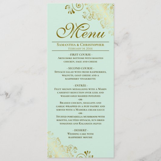 Elegante gouden franjes op munt groene bruiloft menu (Voorkant)