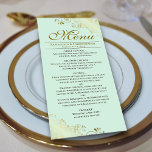 Elegante gouden franjes op munt groene bruiloft menu<br><div class="desc">Dit prachtige menu zal wat stijl toevoegen aan uw huwelijksreceptie. Het heeft een prachtig ontwerp met gouden faux folie krullen en wervelingen op een bleke mintgroene achtergrond. Er is ruimte voor de namen van het paar en de trouwdatum, en de tekst is volledig aanpasbaar. Dit stijlvolle, stijlvolle en glam menu...</div>