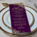 Elegante gouden franjes op pruim Paarse bruiloft Menu<br><div class="desc">Dit prachtige menu zal wat stijl toevoegen aan uw huwelijksreceptie. Het heeft een prachtig ontwerp met gouden faux folie krullen en wervelingen op een diepe pruim paarse of aubergine gekleurde achtergrond. Er is ruimte voor de namen van het paar en de trouwdatum, en de tekst is volledig aanpasbaar. Dit stijlvolle,...</div>