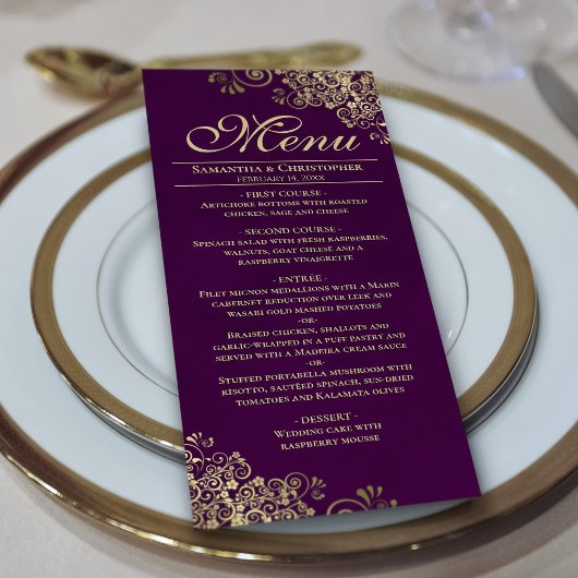 Elegante gouden franjes op pruim Paarse bruiloft Menu