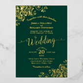 Elegante gouden franjes op smaragdgroene bruiloft folie uitnodiging (Voorkant)
