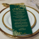 Elegante gouden franjes op smaragdgroene bruiloft menu<br><div class="desc">Dit prachtige menu zal wat stijl toevoegen aan uw huwelijksreceptie. Het beschikt over een prachtig ontwerp met gouden faux folie krullen en wervelingen op een smaragdgroene gekleurde achtergrond. Er is ruimte voor de namen van het paar en de trouwdatum, en de tekst is volledig aanpasbaar. Elegant, stijlvol en glam, dit...</div>