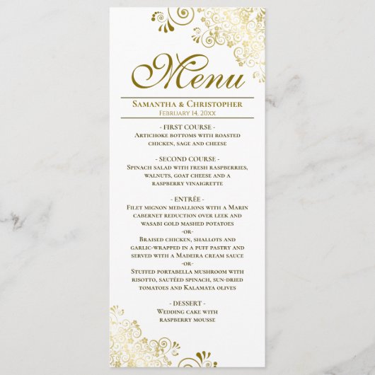 Elegante gouden franjes op witte bruiloft menu (Voorkant)