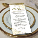 Elegante gouden franjes op witte bruiloft menu<br><div class="desc">Dit prachtige menu zal wat stijl toevoegen aan uw huwelijksreceptie. Het beschikt over een mooi design met  gouden faux folie krullen en wervelingen op een klassieke witte achtergrond. Er is ruimte voor de namen van het paar en de trouwdatum,  en de tekst is volledig aanpasbaar.</div>