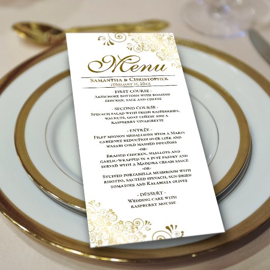 Elegante gouden franjes op witte bruiloft menu