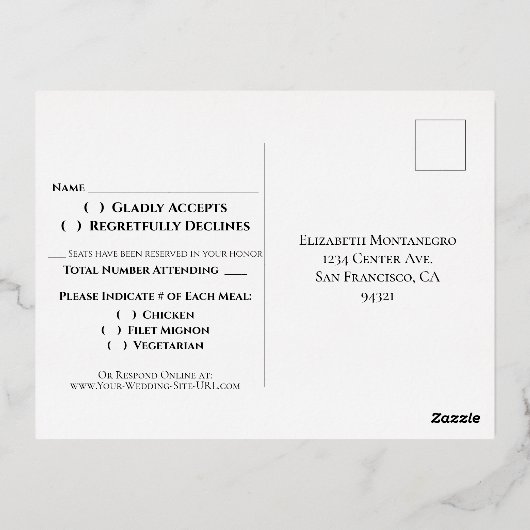 Elegante gouden franjes op witte bruiloft RSVP Folie Uitnodiging Briefkaart (Achterkant)