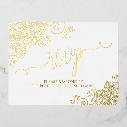Elegante gouden franjes op witte bruiloft RSVP Folie Uitnodiging Briefkaart (Voorkant)