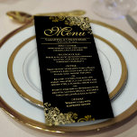 Elegante gouden franjes op zwarte bruiloft menu<br><div class="desc">Dit prachtige menu zal wat stijl toevoegen aan uw huwelijksreceptie. Het beschikt over een mooi design met gouden faux folie krullen en wervelingen op een klassieke zwarte achtergrond. Er is ruimte voor de namen van het paar en de trouwdatum, en de tekst is volledig aanpasbaar. Elegant, stijlvol en glam, dit...</div>