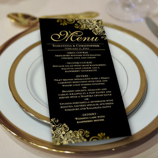 Elegante gouden franjes op zwarte bruiloft menu