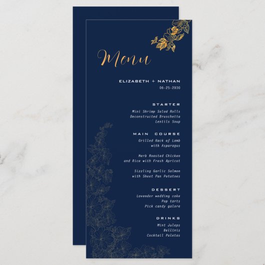 Elegante gouden gebladerte marine blauw bruiloft m menu (Voorkant / Achterkant)