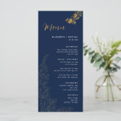 Elegante gouden gebladerte marine blauw bruiloft m menu (Staand voorkant)