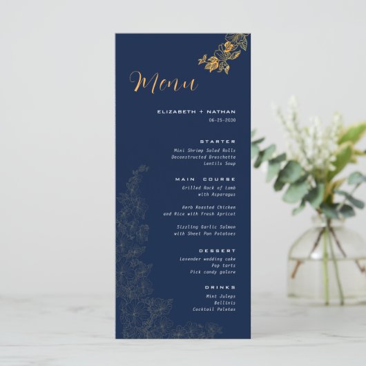 Elegante gouden gebladerte marine blauw bruiloft m menu (Staand voorkant)