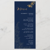 Elegante gouden gebladerte marine blauw bruiloft m menu (Voorkant)