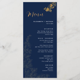Elegante gouden gebladerte marine blauw bruiloft m menu