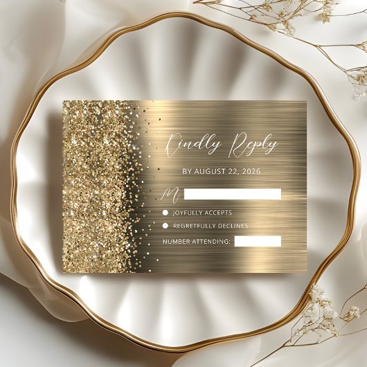Elegante Gouden Geborstelde Metaal Glitter Script  RSVP Kaartje