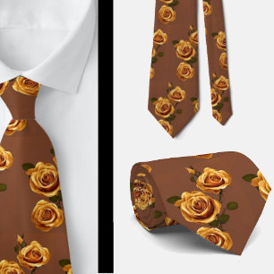 Elegante Gouden Gele Bruine Rozen Bloem Stropdas