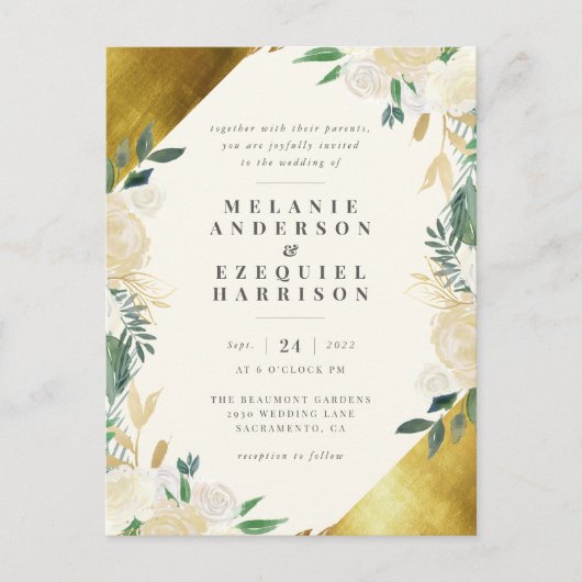 Elegante gouden geometrische bloemenbruiloft uitnodiging briefkaart (Voorkant)