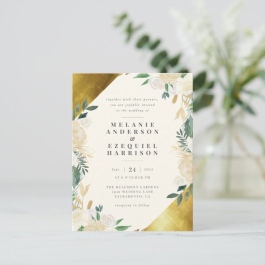 Elegante gouden geometrische bloemenbruiloft uitnodiging briefkaart (Staand voorkant)