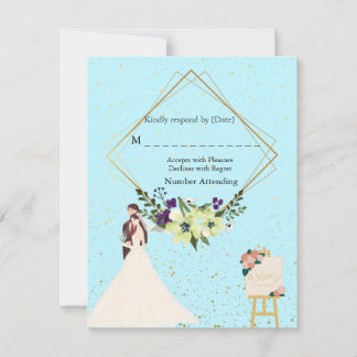 Elegante Gouden Geometrische Stofblauwe RSVP Kaart