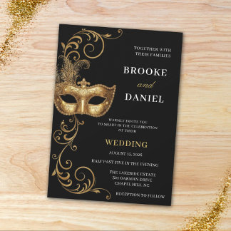 Elegante Gouden Gevederde Maskerade Bruiloft Kaart