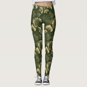 Elegante Gouden Ginkgo Bladeren Smaragdgroen Leggings