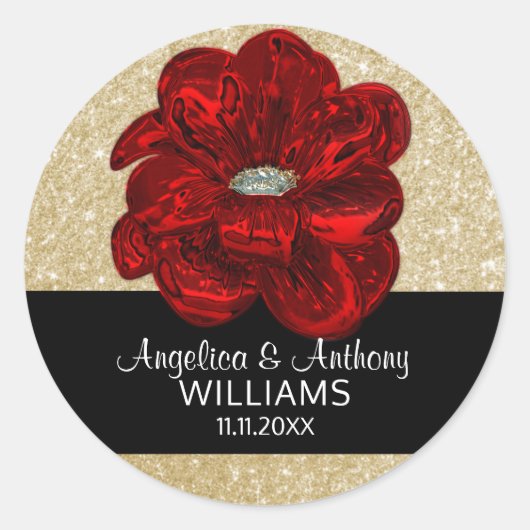 Elegante Gouden Gitter, Zwart, Rode Rose Bloem Bru Ronde Sticker (Voorkant)
