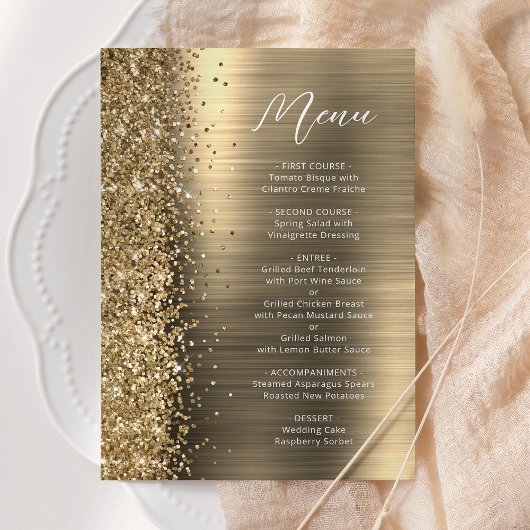 Elegante Gouden Glam Glitter Script Bruiloft Menu