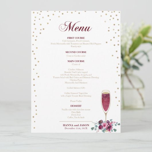 Elegante gouden glinsterende bordeauxrode Bloemen  Menu (Staand voorkant)