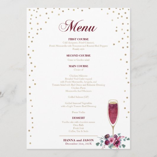 Elegante gouden glinsterende bordeauxrode Bloemen  Menu (Voorkant)