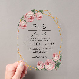 Elegante gouden glinsterende geometrische roze blo acryl uitnodigingen