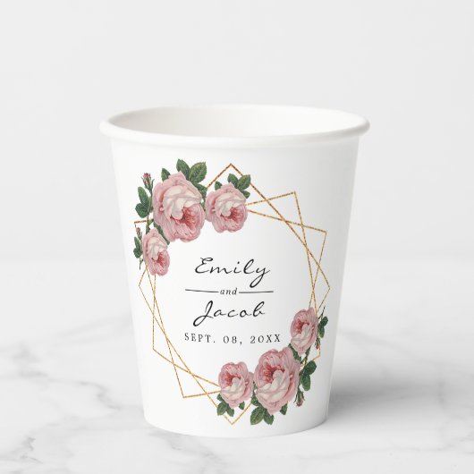 Elegante gouden glinsterende geometrische roze blo papieren bekers (Voorkant)