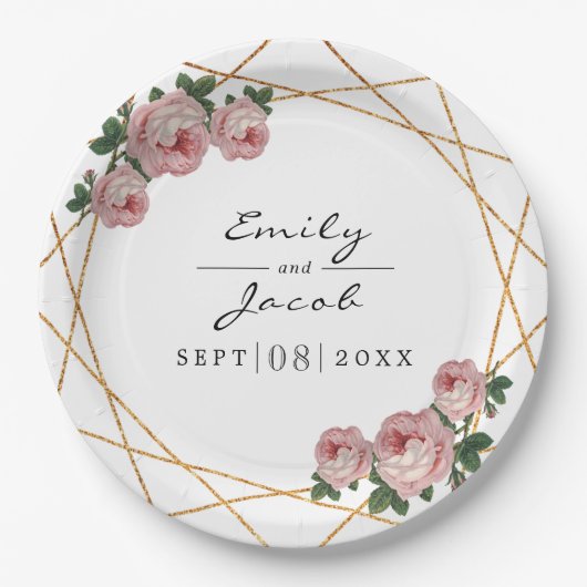 Elegante gouden glinsterende geometrische roze blo papieren bordje (Voorkant)