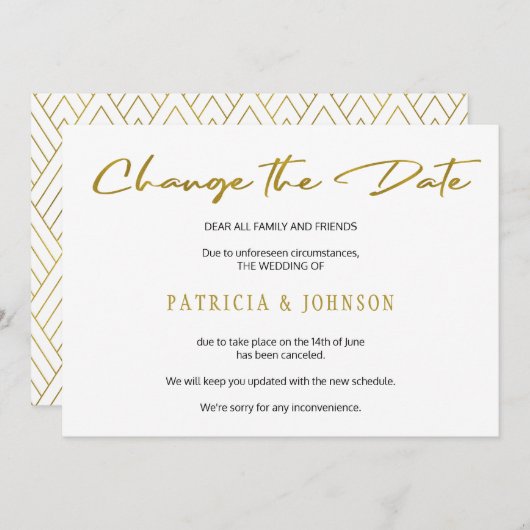 Elegante gouden glinsterende huwelijksdatum wijzig save the date (Voorkant / Achterkant)