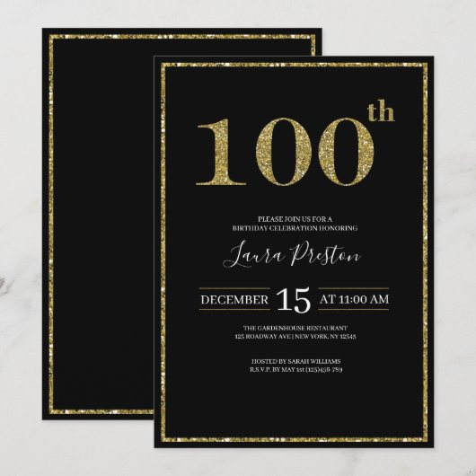 Elegante gouden glitter 100e verjaardag kaart (Voorkant / Achterkant)
