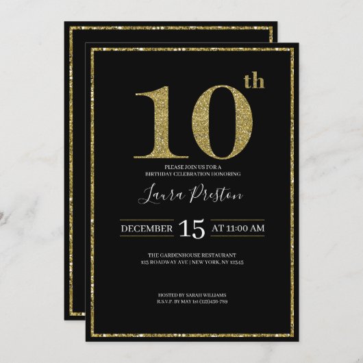 Elegante gouden glitter 10e verjaardag kaart (Voorkant / Achterkant)