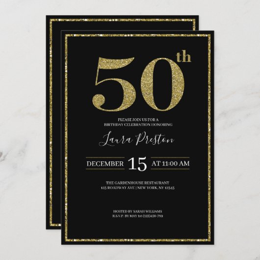 Elegante Gouden Glitter 50ste Verjaardag Kaart (Voorkant / Achterkant)