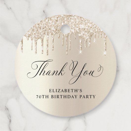 Elegante gouden glitter 70e verjaardagsfeestje dan bedankjes labels (Achterkant)