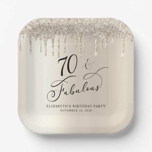 Elegante gouden glitter 70e verjaardagsfeestje papieren bordje (Voorkant)