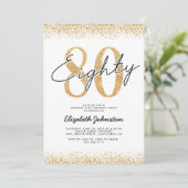 Elegante gouden glitter 80e verjaardagsuitnodiging kaart (Staand voorkant)