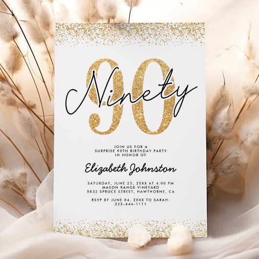 Elegante gouden glitter 90ste verjaardagsuitnodigi kaart
