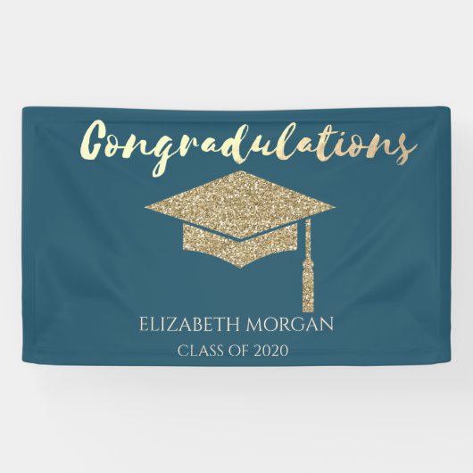 Elegante Gouden Glitter Afstudeerhoed, Afstuderen Spandoek (Horizontaal)
